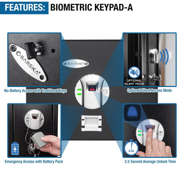 Barska 0.23 Cubic Feet Top Opening Biometric Security Safe Features Biometric Keypad A