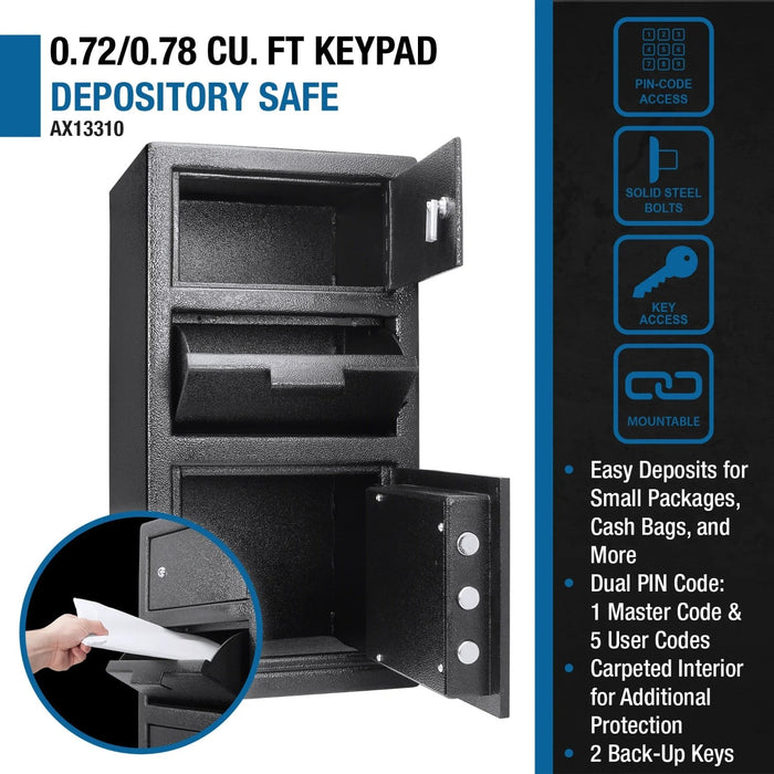 Barska 0.72/0.78 Cu. Ft. Dual Compartment Keypad Depository Safe Features