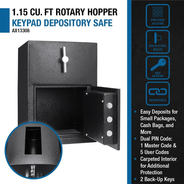 Barska 1.15 Cubic Feet Rotary Hopper Keypad Depository Safe Features