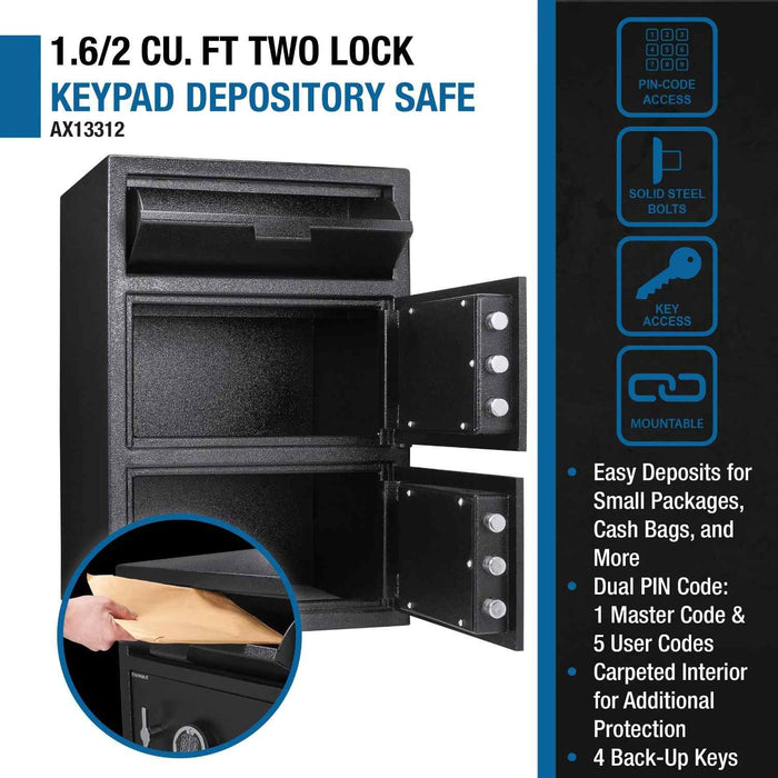 Barska 1.6/2 Cubic Feet Dual Compartment Keypad Depository Safe Features