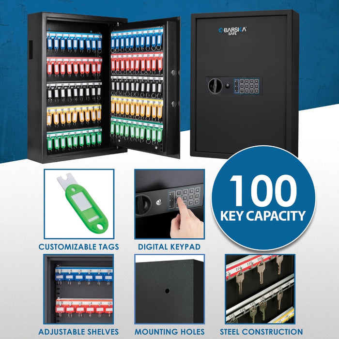 Barska 100 Capacity Fixed Position Key Cabinet Digital Keypad Wall Safe in Black Features