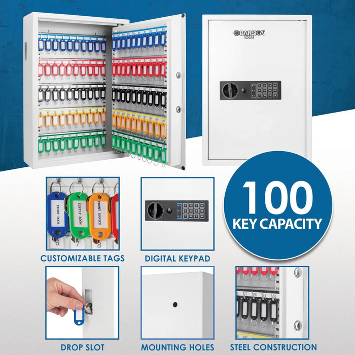 Barska 100 Capacity Fixed Position Key Cabinet Digital Keypad Wall Safe in White Features