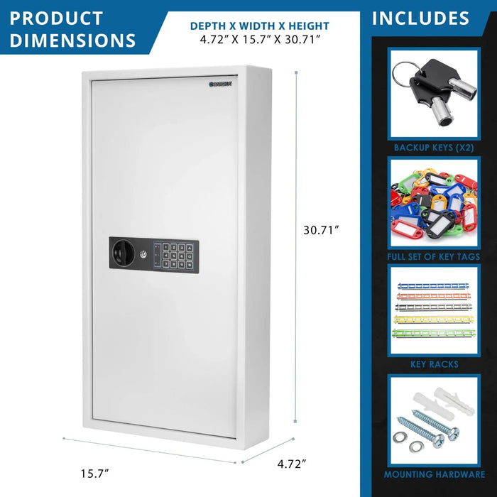 Barska 180 Capacity Adjustable Key Cabinet Digital Keypad Wall Safe in White Dimensions and Inclusion