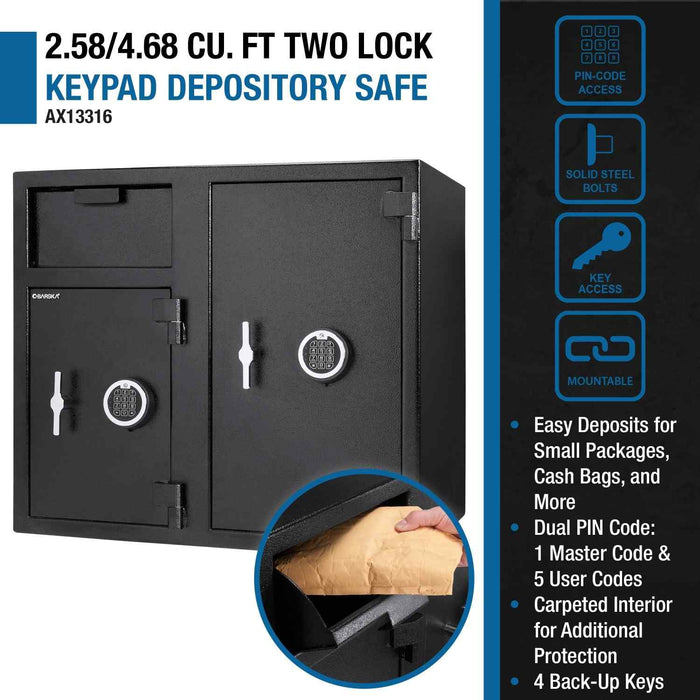 Barska 2.58/4.68 Cu. Ft. Dual Compartment Keypad Depository Safe Features