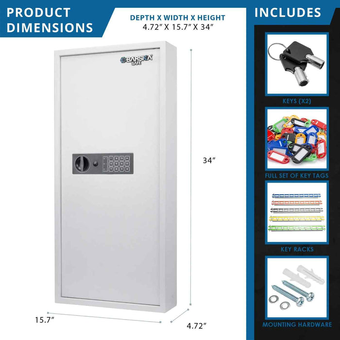 Barska 240 Capacity Adjustable Key Cabinet Digital Keypad Wall Safe in White Dimensions and Inclusion