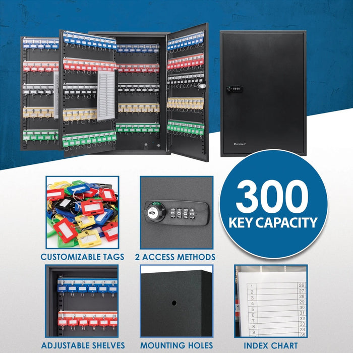 Barska 300 Capacity Adjustable Key Cabinet with Combination Lock in Black Features