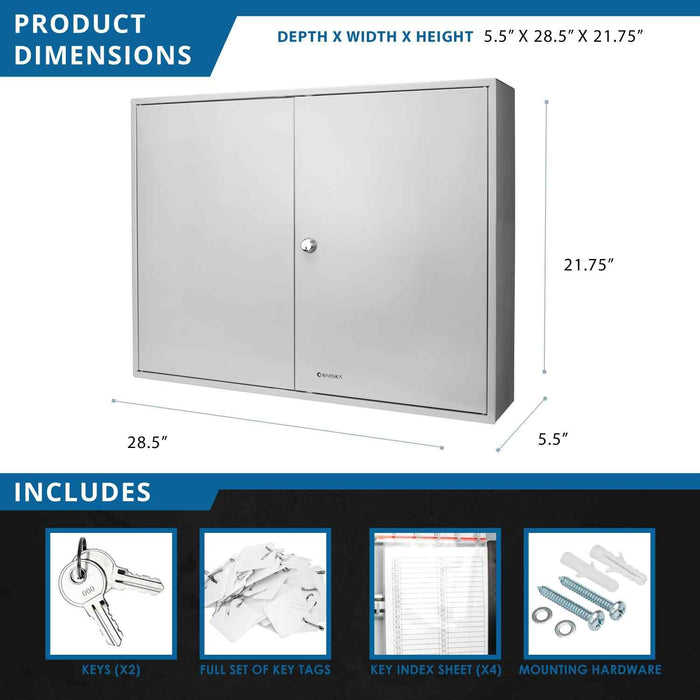 Barska 320 Capacity Fixed Position Key Cabinet with Key Lock, White Tags Dimensions and Inclusion