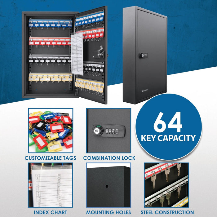 Barska 64 Capacity Adjustable Key Cabinet with Combination Lock Features