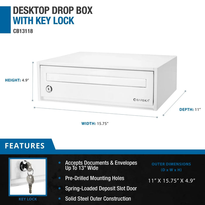 Barska Desktop Drop Box with Key Lock Features and Dimensions