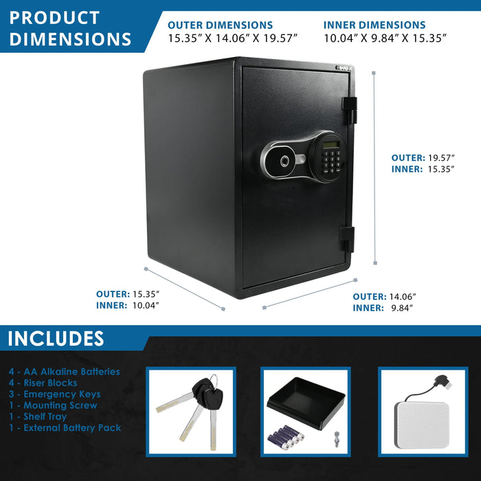 Barska FV Pro 500 Biometric Keypad Fire Resistant Safe - Product Dimensions and Inclusions