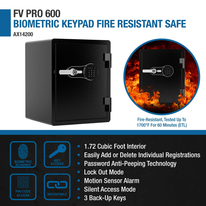 Barska FV Pro 600 Biometric Keypad Fire Resistant Safe - Full Features