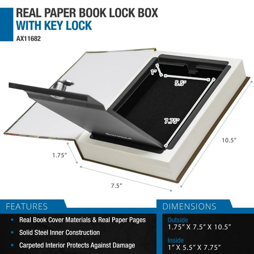 Barska Real Paper Book Lock Box with Key Lock Features and Dimensions