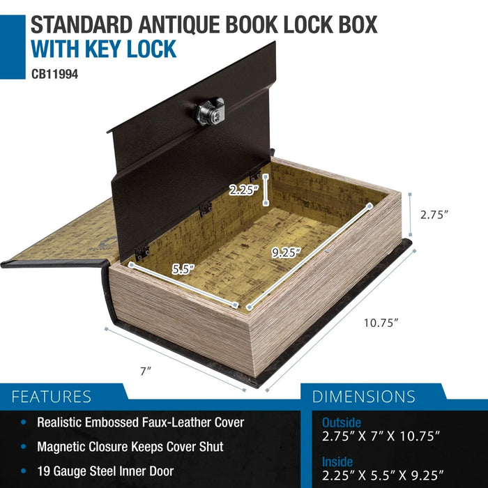 Barska Standard Antique Book Lock Box with Key Lock Features and Dimensions