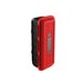 Bawer 20 lb Heavy-Duty Fire Extinguisher Cabinet - Angled Front And Side View Showing The Red Cabinet Door, Black Rear Housing, Vertical Inspection Window, And Side Closure Mechanism
