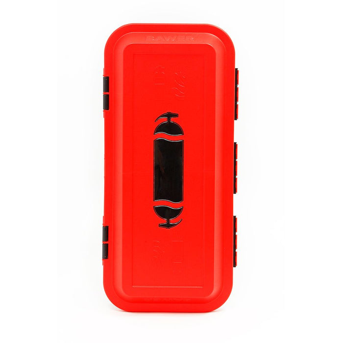 Bawer 20 lb Heavy-Duty Fire Extinguisher Cabinet - Closed Front View Showing The Bright Red Cabinet Door, Vertical Inspection Window, And Protective Exterior Design