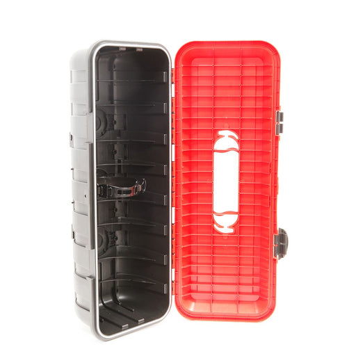 Bawer 20 lb Heavy-Duty Fire Extinguisher Cabinet - Open Front View Showing The Black Cabinet Interior, Red Door, Reinforcing Ribs, And Internal Fire Extinguisher Support
