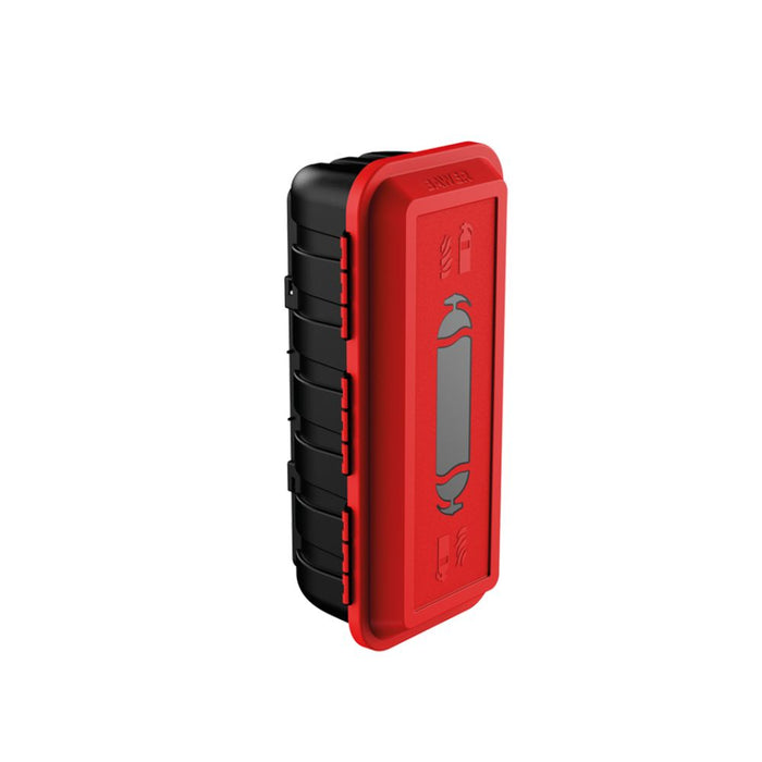 Bawer 5-10 lb Heavy-Duty Fire Extinguisher Cabinet - Angled Side View Showing The Red Cabinet Door, Black Rear Housing, And Side Closure Mechanism