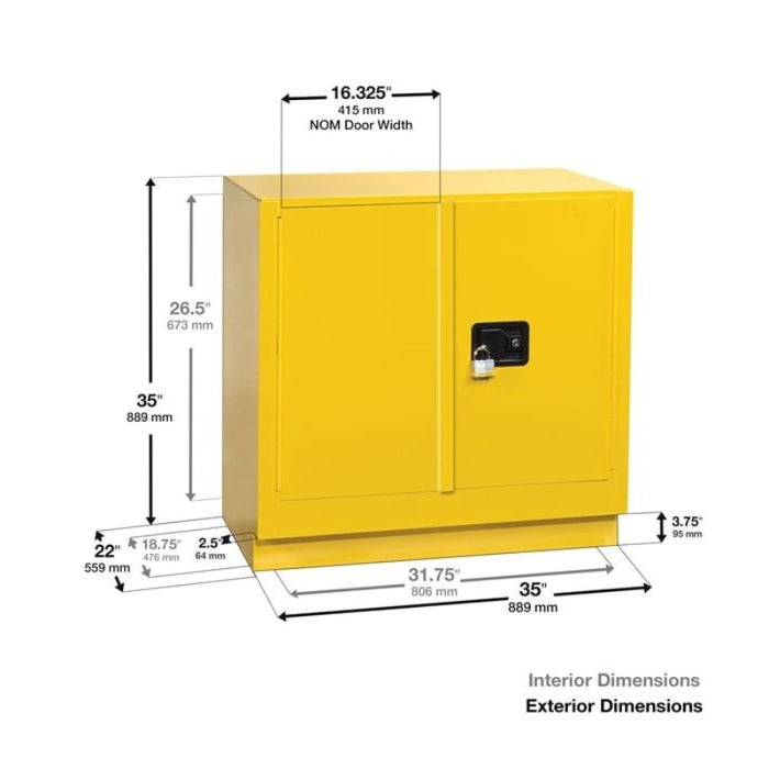 Eagle Manufacturing 22 Gallon, 1 Shelf, 2 Door, Self Close, Under Counter, Flammable Liquid Cabinet, Yellow - 1970 Body Dimensions