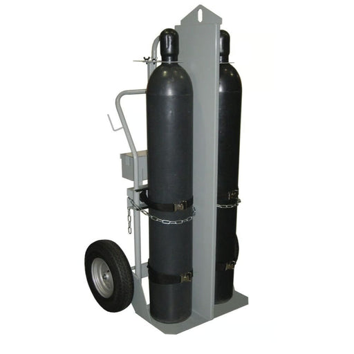 Justrite Double Cylinder Hand Truck With Firewall and Hoist Ring, 16" Pneumatic Wheels, Tool Box - 35050 Body with 2 Gas Cylinders