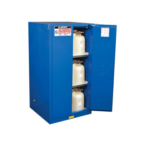 Justrite Manufacturing 60 Gallon, 2 Shelf, 2 Doors, Self Close, Sure-Grip EX, Hazardous Material Cabinet, Royal Blue - 866028 One Door Open with Hazardous Materials Inside