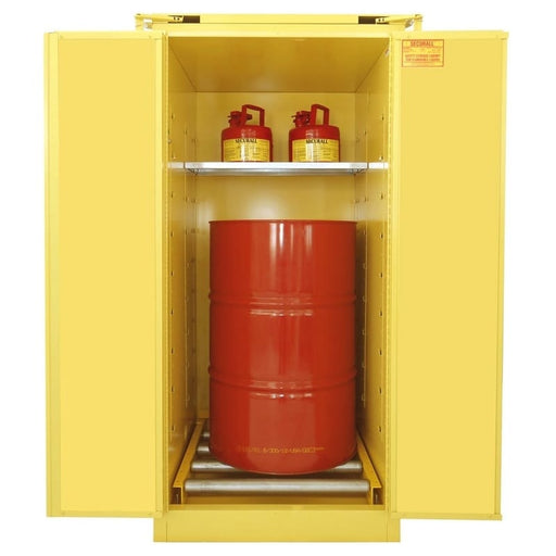 Securall 60 Gallon Drum Storage Cabinet, Self-Close Safe-T-Door - V360 Body with Drum and Safety Cans Inside
